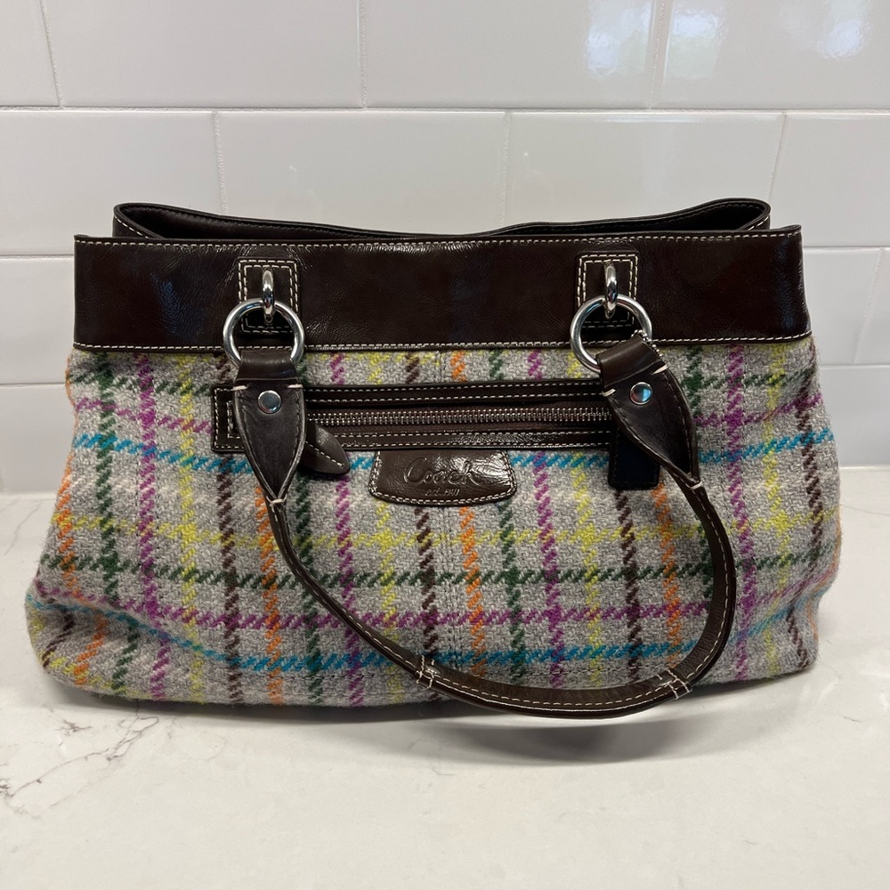 Coach Penelope Tattersall Plaid Wool Shoulder Purse With Brown Trim
